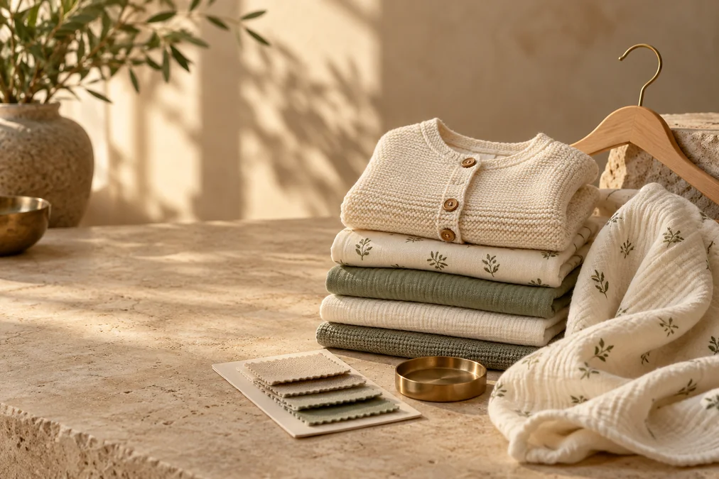 Neutral baby clothing, knitted garments and soft cotton fabrics