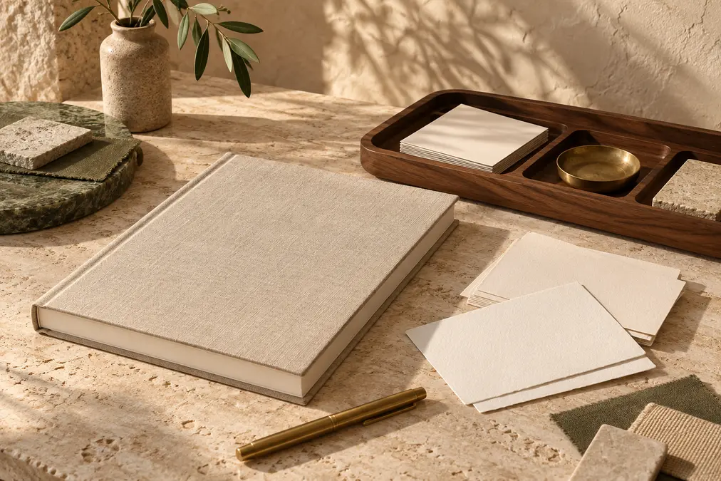 Linen-bound notebook, blank stationery, walnut desk tray and brass pen