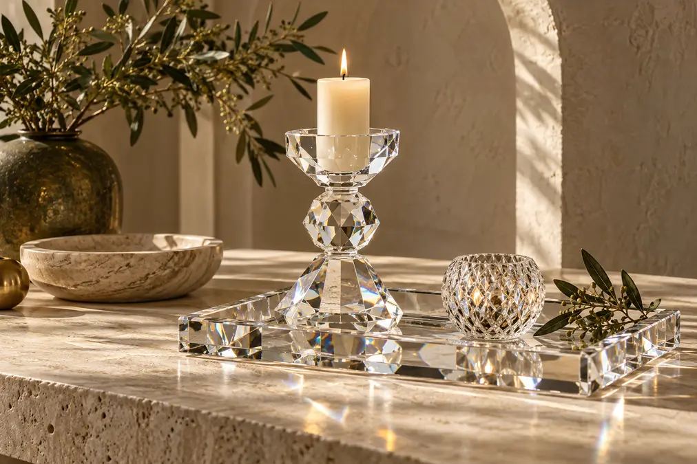 Faceted crystal candleholder and decorative crystal pieces on a stone tray