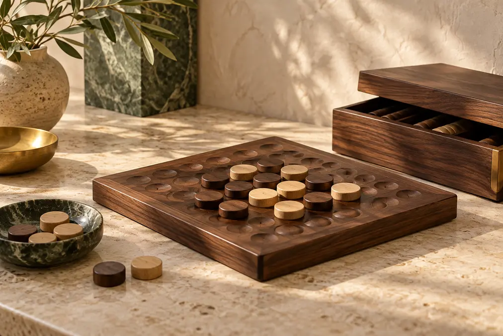 Walnut strategy game board with wooden pieces and matching storage box