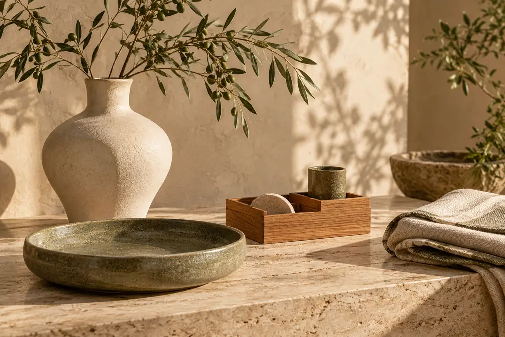 Sculptural ceramic vase, stoneware dish and oak organiser in a warm interior