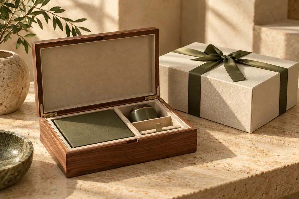 Walnut presentation case and textured gift box with an olive ribbon