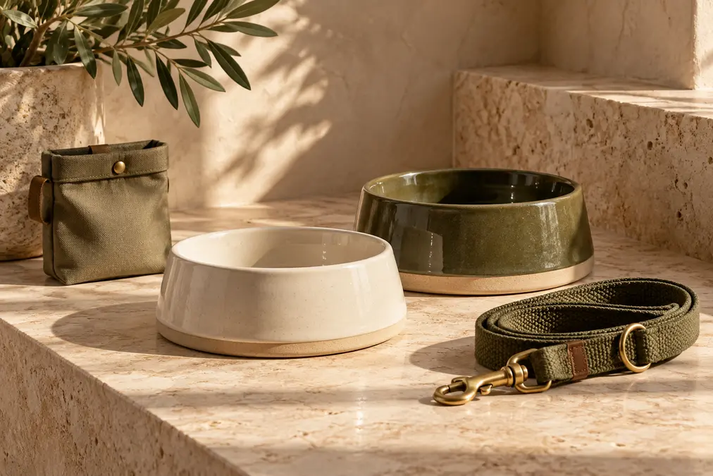 Olive and cream stoneware pet bowls with a woven lead and treat pouch