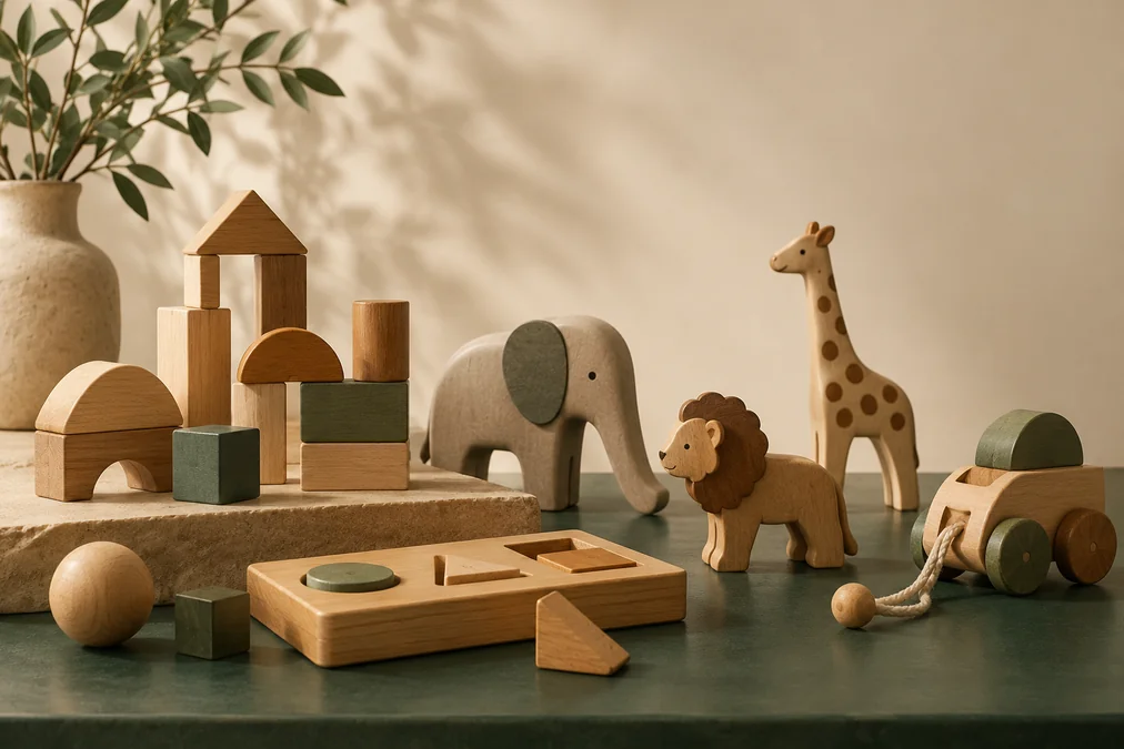 Crafted wooden toys, blocks and animal figures