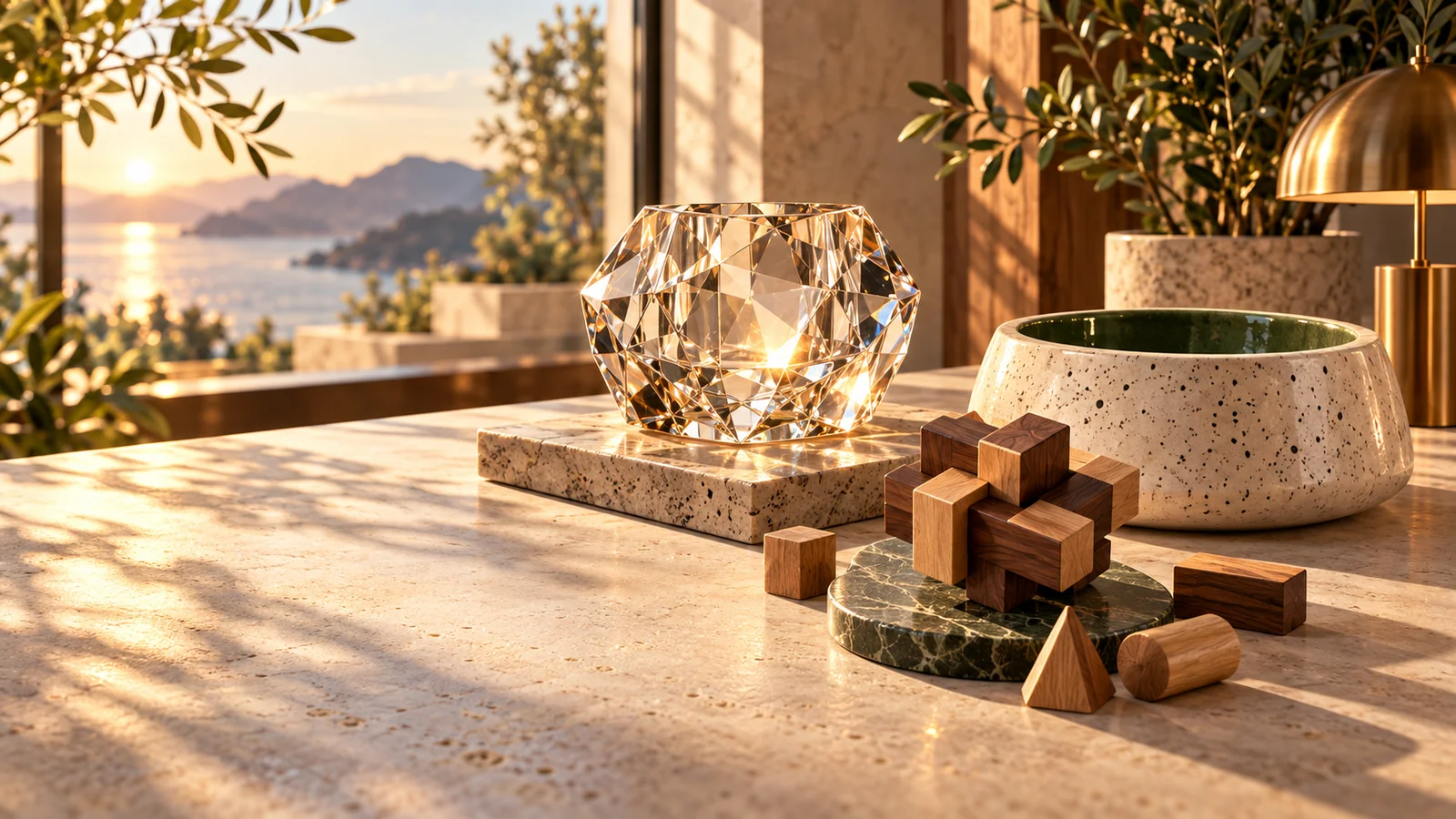 Product ideas: crystal decor, a wooden tabletop puzzle and ceramic accessories