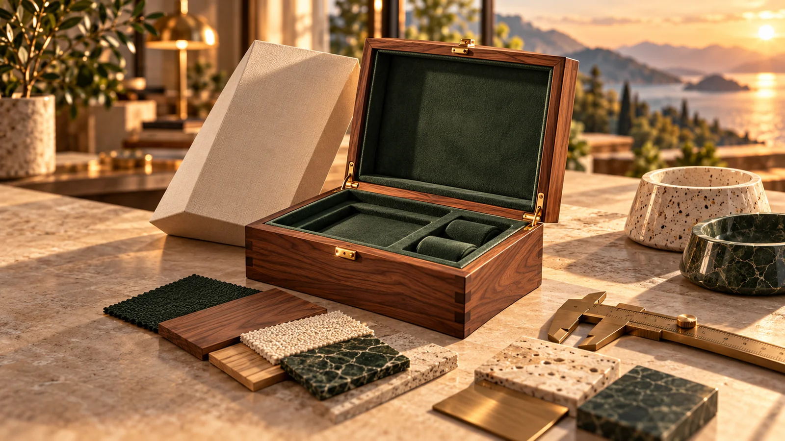 Premium wooden and rigid-box packaging samples with fitted inserts and finish options